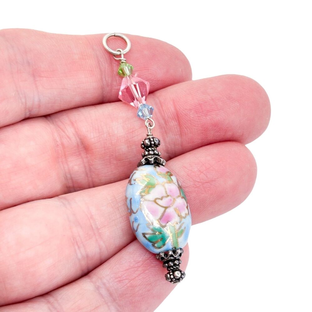 Vintage Sterling Silver 925 Cloisonné Floral Dangle Pendant